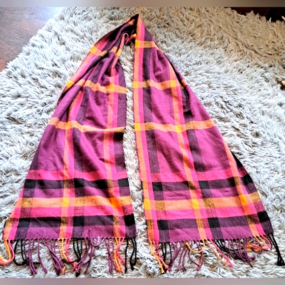 Vintage Coach Leatherworks Cashmere Purple Toned Plaid Scarf Wrap w/ Fringe - Picture 1 of 2